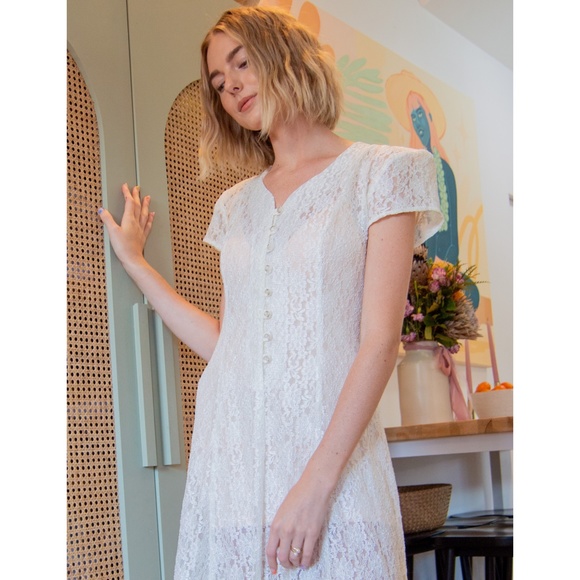 90s Lace Short Sleeve Button Front Ankle Length Dress - Picture 10 of 10